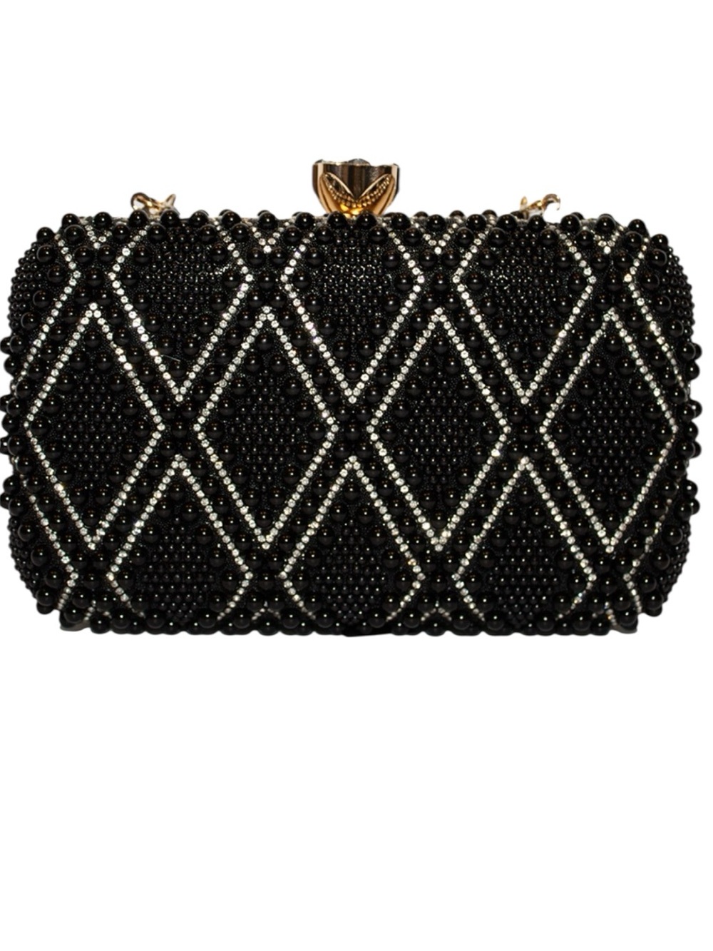 Black Beaded Evening Clutch with Crystal Lattice Detail